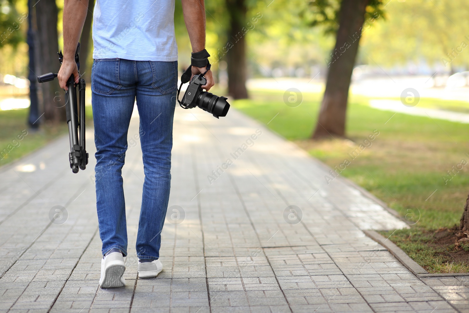 Photo of Photographer with professional camera and tripod in park, closeup