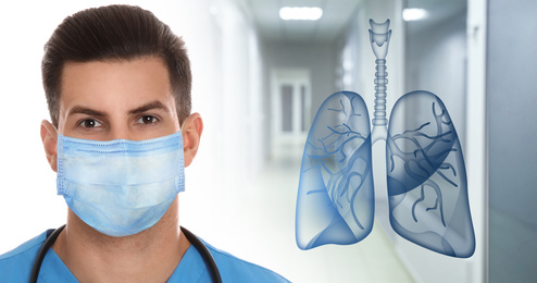 Image of Pulmonology treating respiratory diseases - bronchitis, tuberculosis, asthma, emphysema, pneumonia and chest infection. Physician and lungs illustration against blurred hospital, banner design 