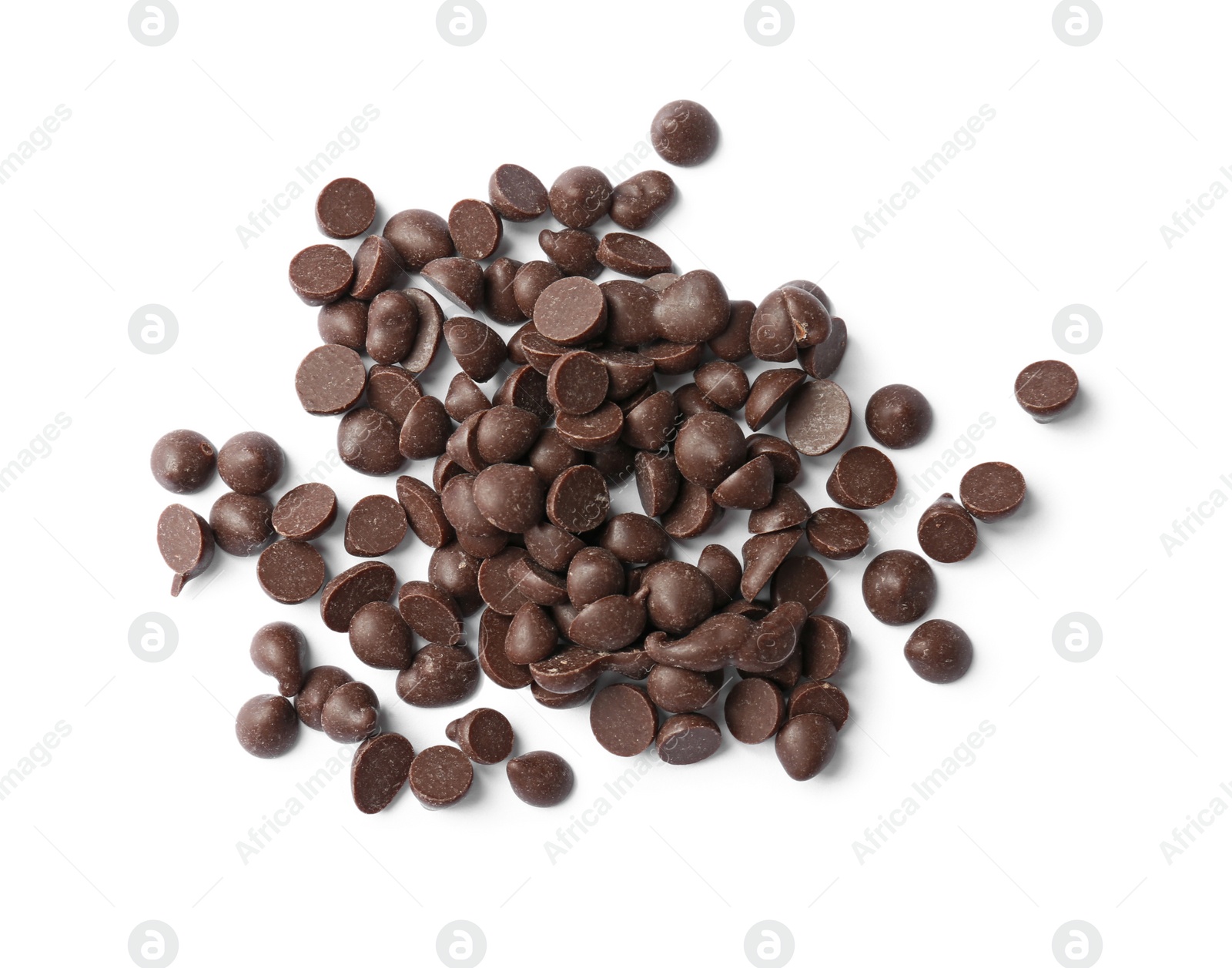 Photo of Delicious black chocolate chips on white background