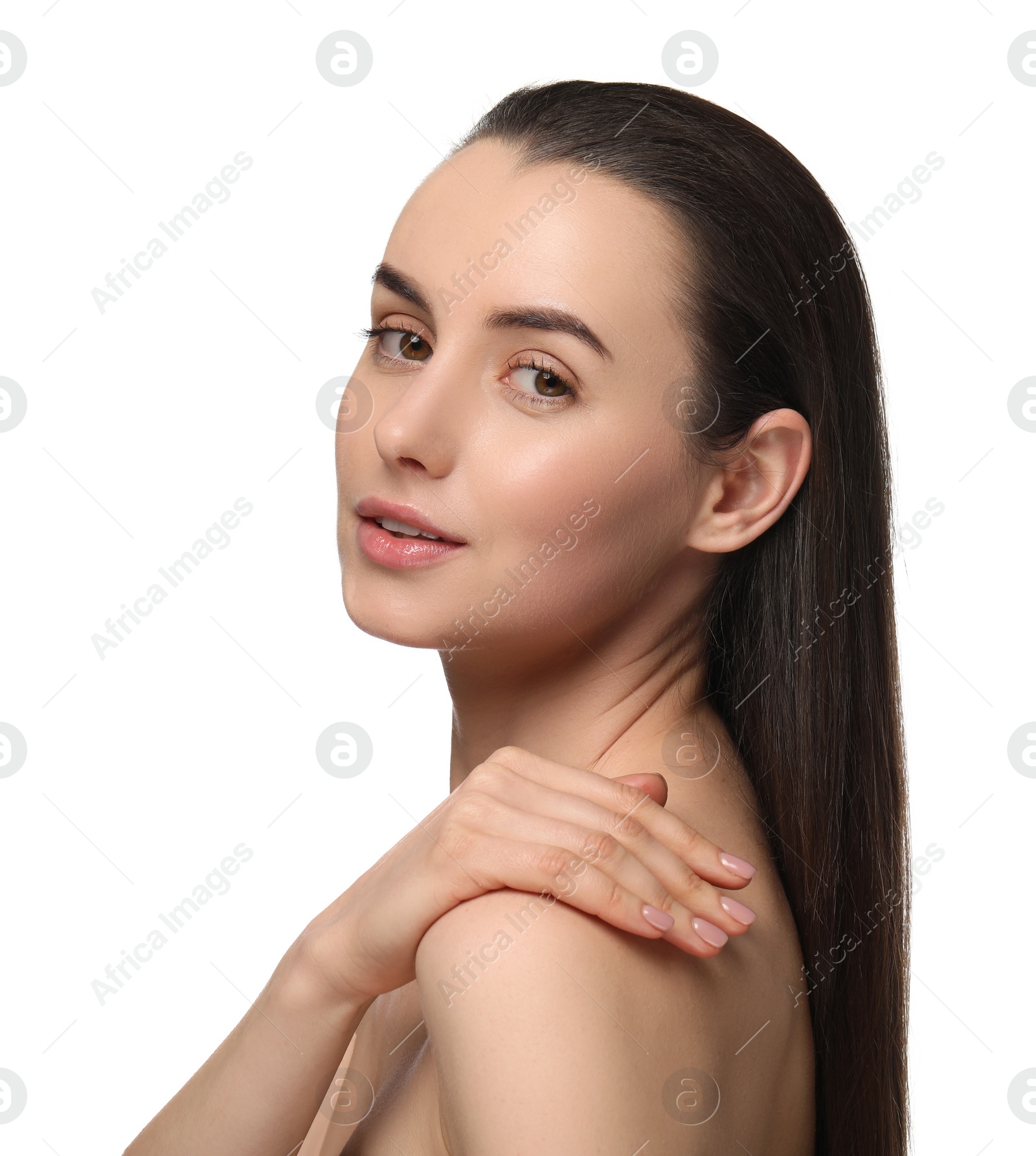 Photo of Portrait of beautiful young woman on white background