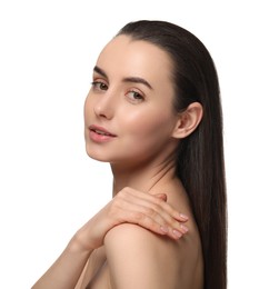 Portrait of beautiful young woman on white background