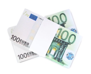 Photo of 100 Euro banknotes on white background, top view. Money exchange
