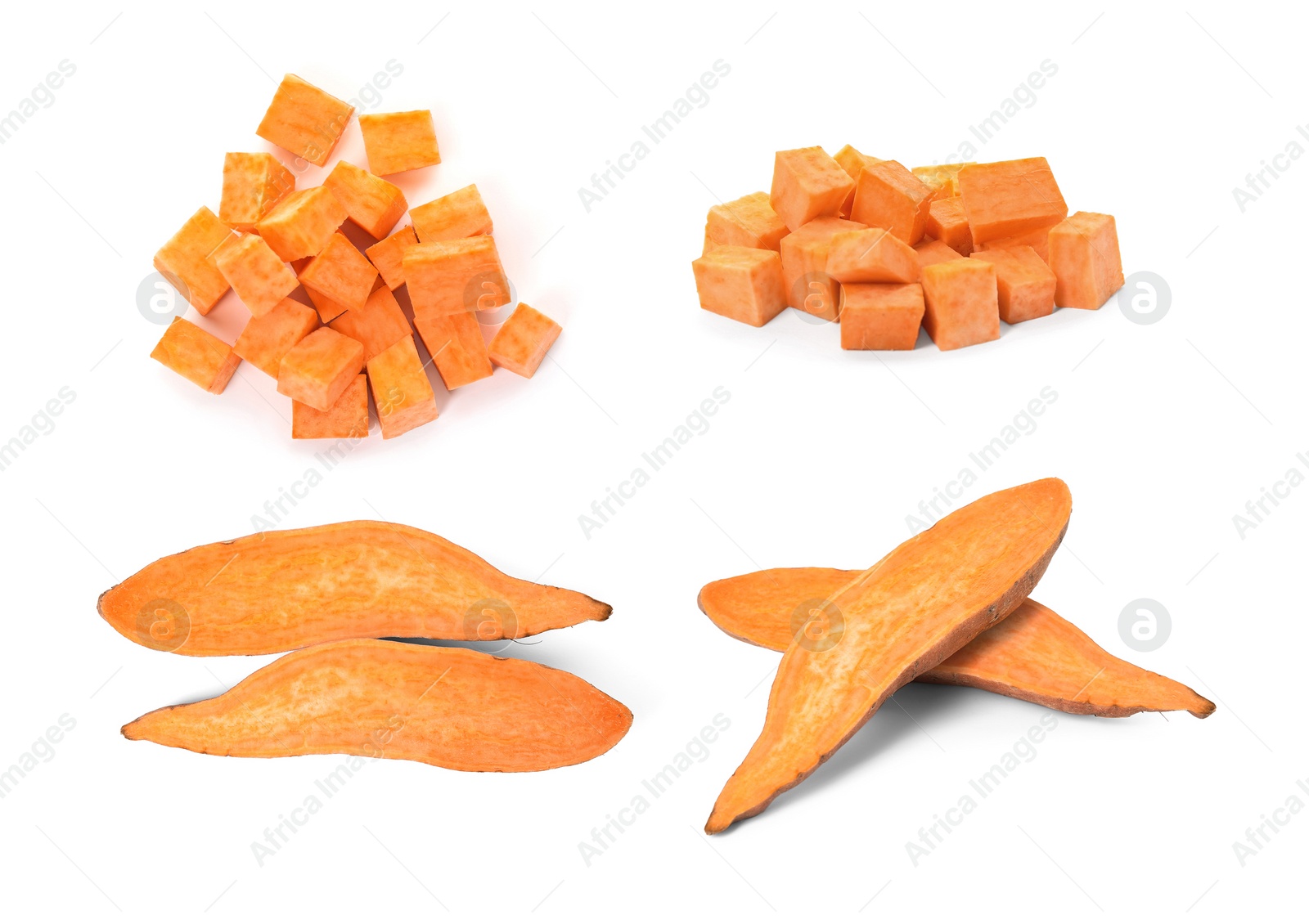 Image of Set with fresh sweet potatoes on white background 