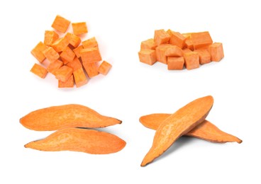 Image of Set with fresh sweet potatoes on white background 