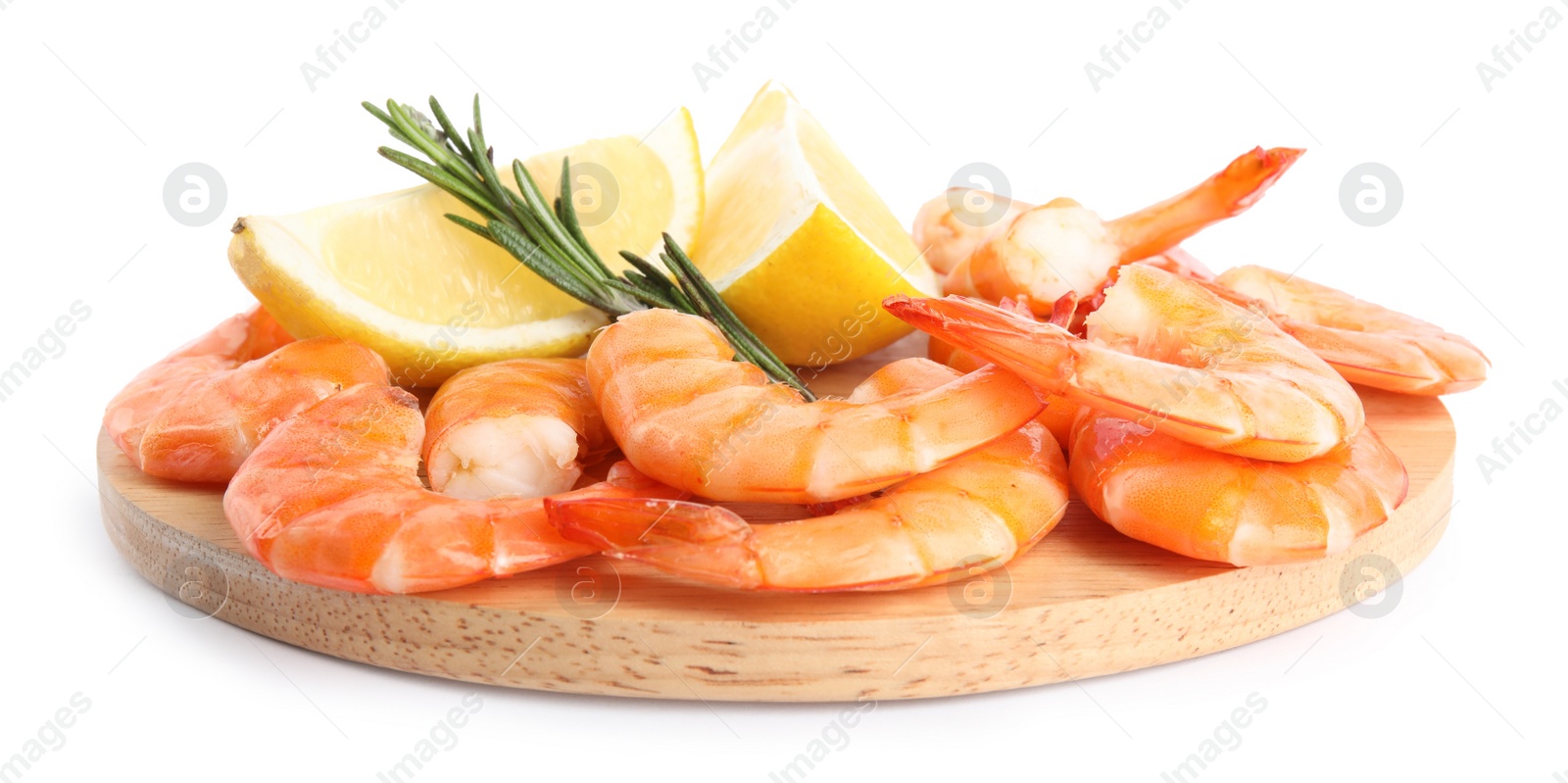 Photo of Delicious cooked shrimps served with lemon and rosemary on white background
