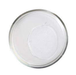 Petri dish with liquid sample isolated on white, top view