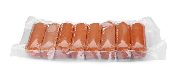 Photo of Vacuum pack with sausages isolated on white. Meat product
