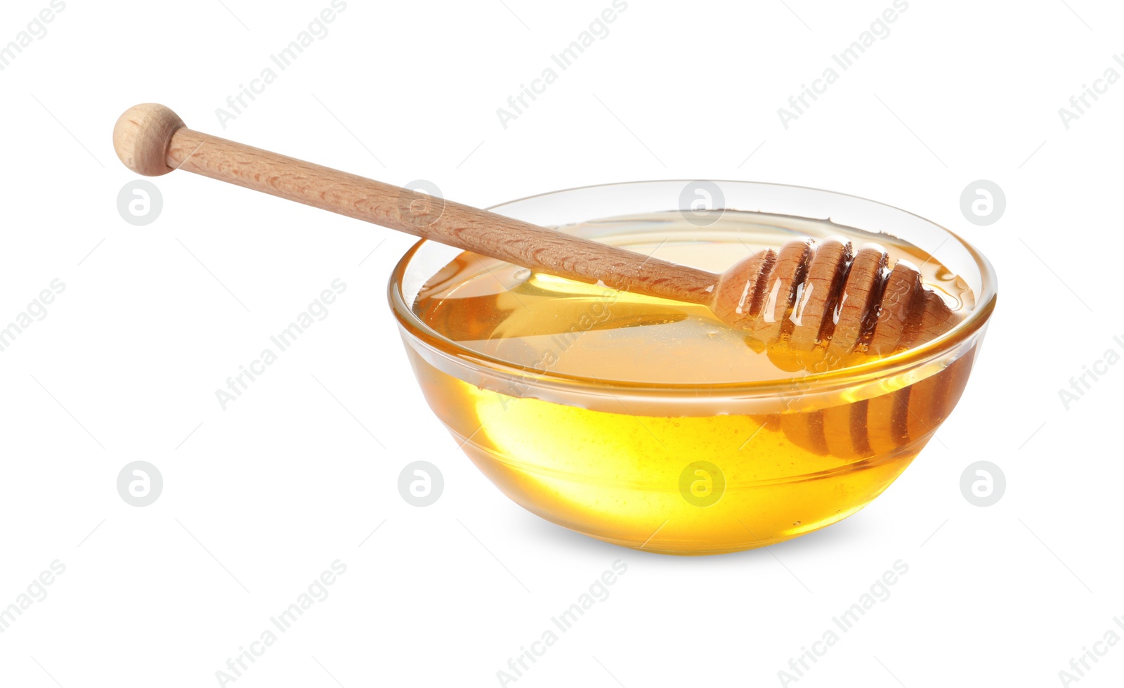 Photo of Tasty honey in bowl and dipper isolated on white