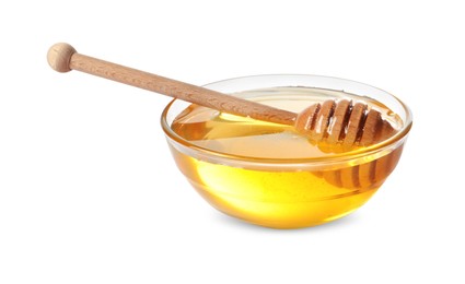 Photo of Tasty honey in bowl and dipper isolated on white