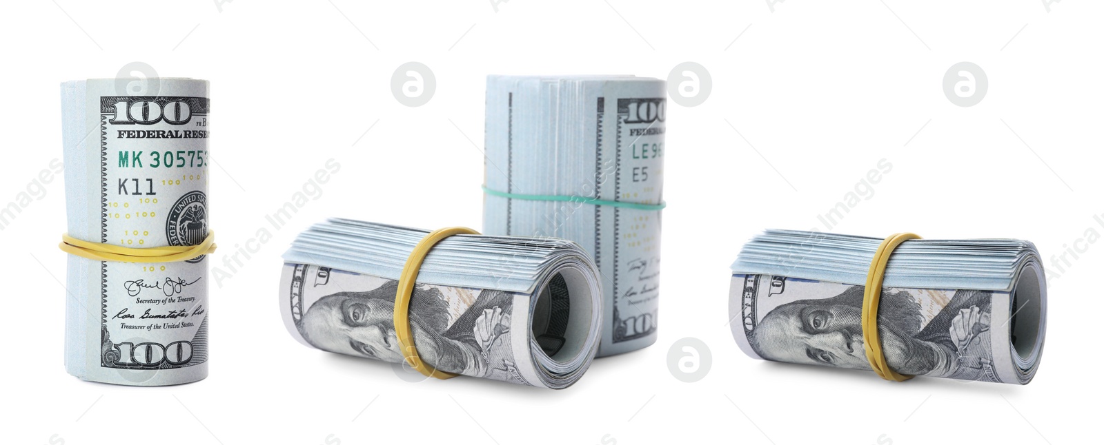 Image of Many dollar banknotes on white background, collage. American national currency