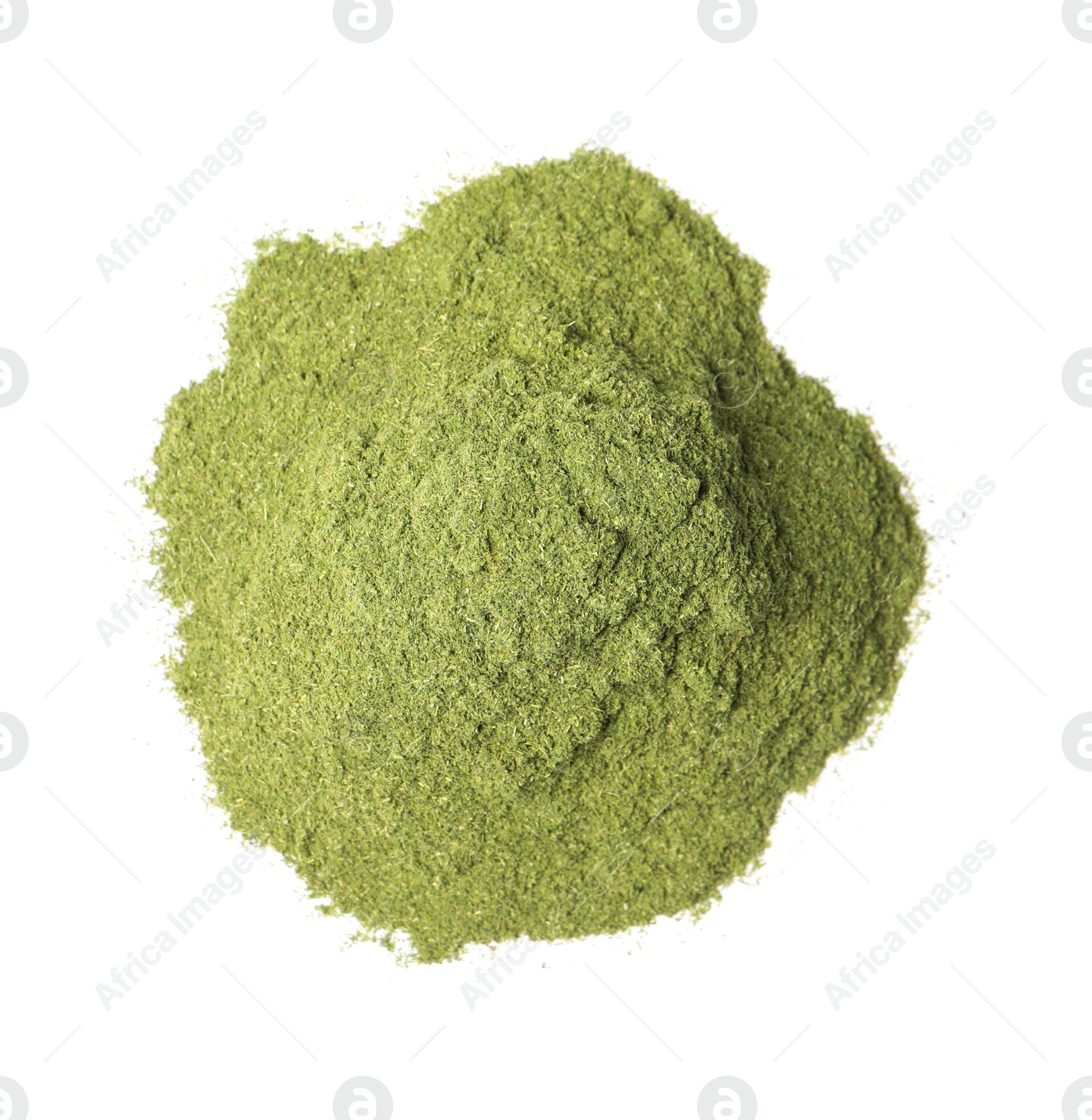 Photo of Pile of wheat grass powder isolated on white, top view