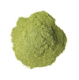 Pile of wheat grass powder isolated on white, top view