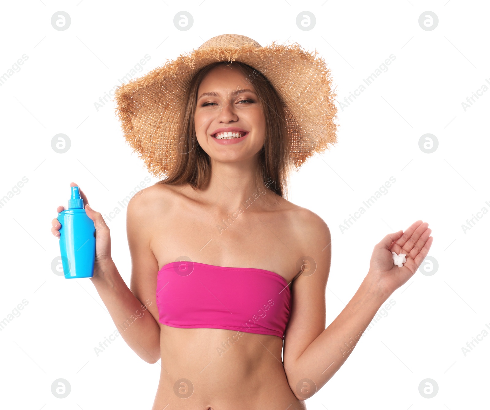 Photo of Woman with bottle of sun protection body cream on white background