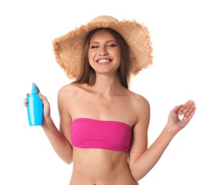 Photo of Woman with bottle of sun protection body cream on white background