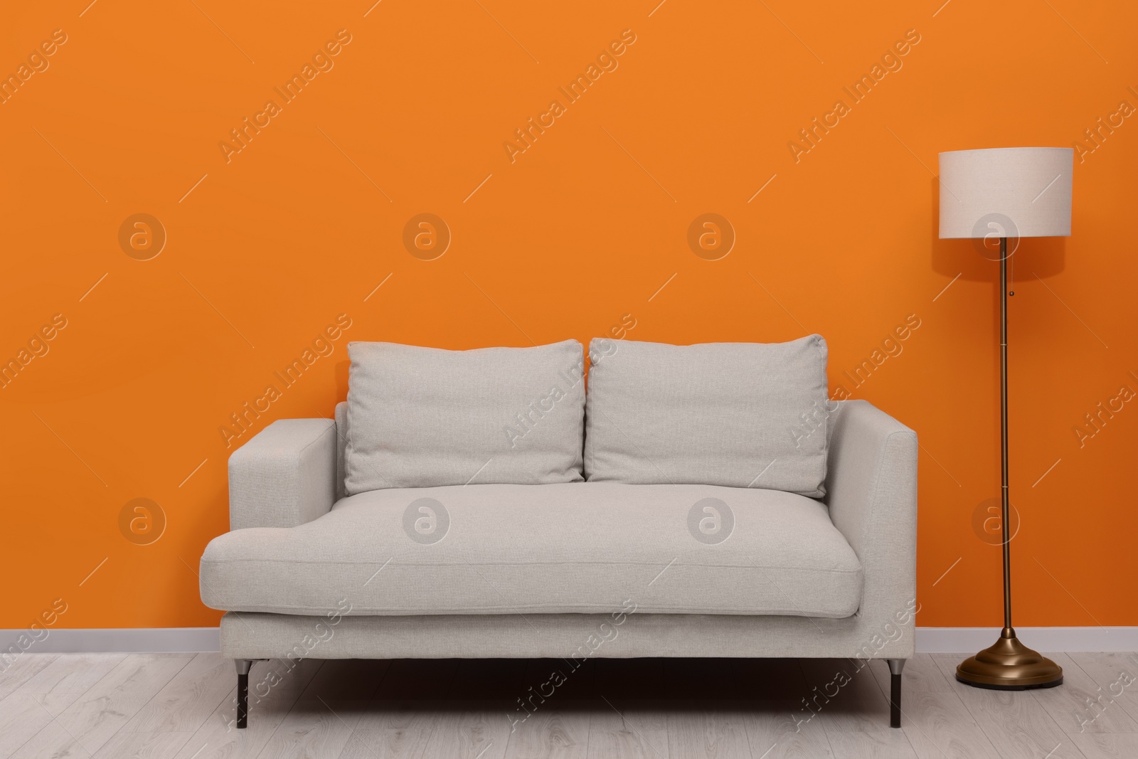 Photo of Comfortable sofa and stylish lamp indoors. Interior design