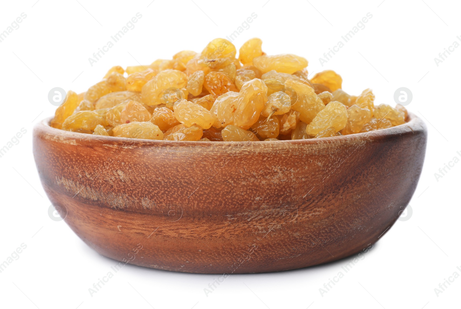 Photo of Bowl with dried golden raisins isolated on white. Healthy nutrition with fruits