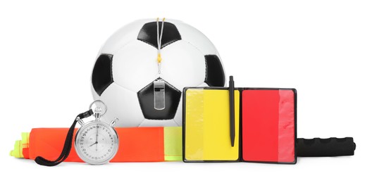 Photo of Soccer ball and different referee equipment isolated on white