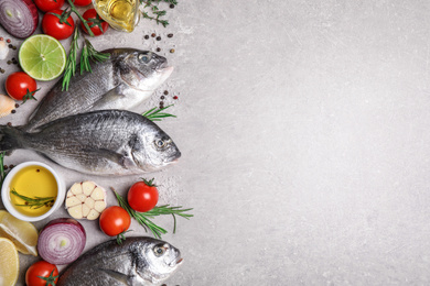 Photo of Flat lay composition with dorada fish on light grey table, space for text