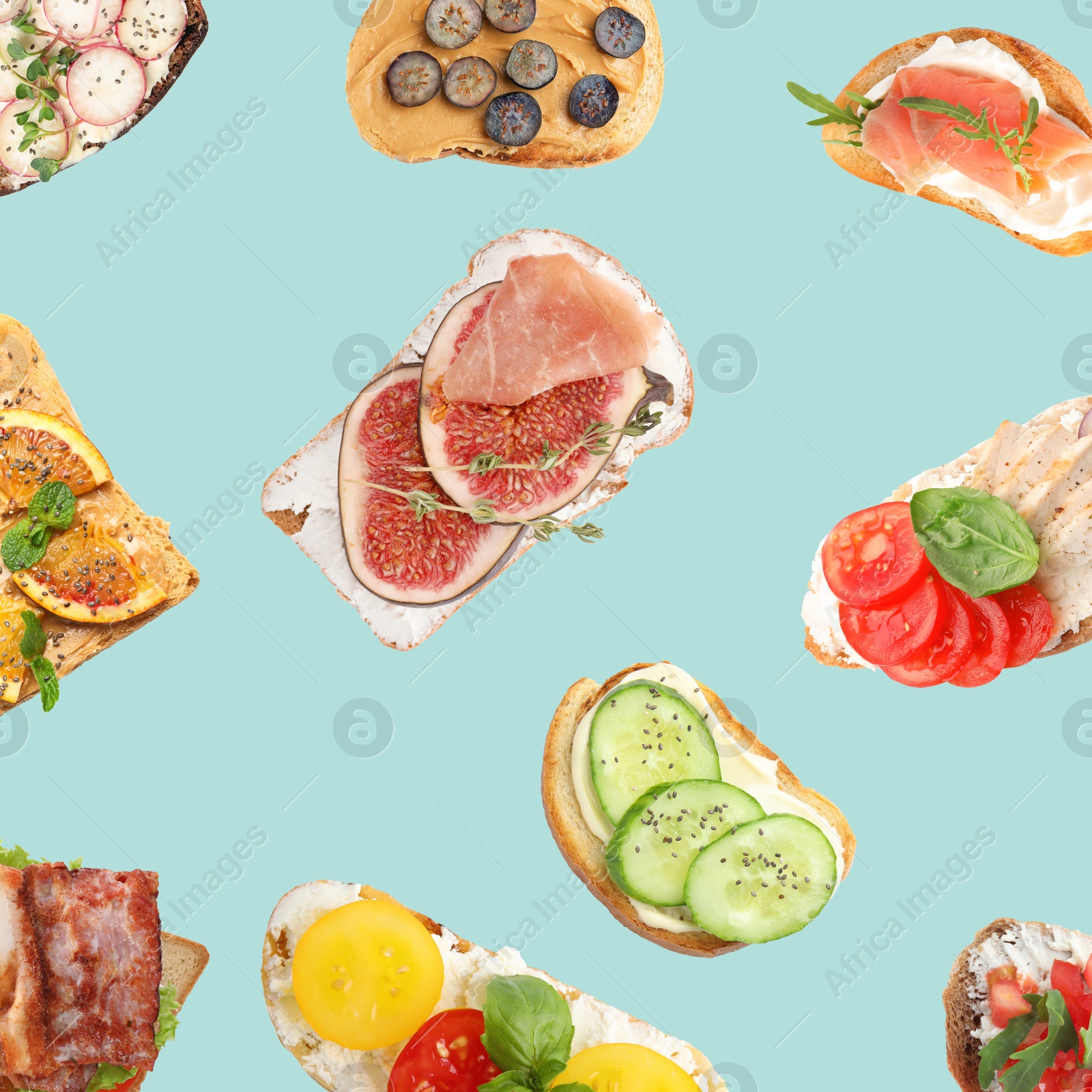 Image of Set of delicious toasted bread with different toppings on light background, top view