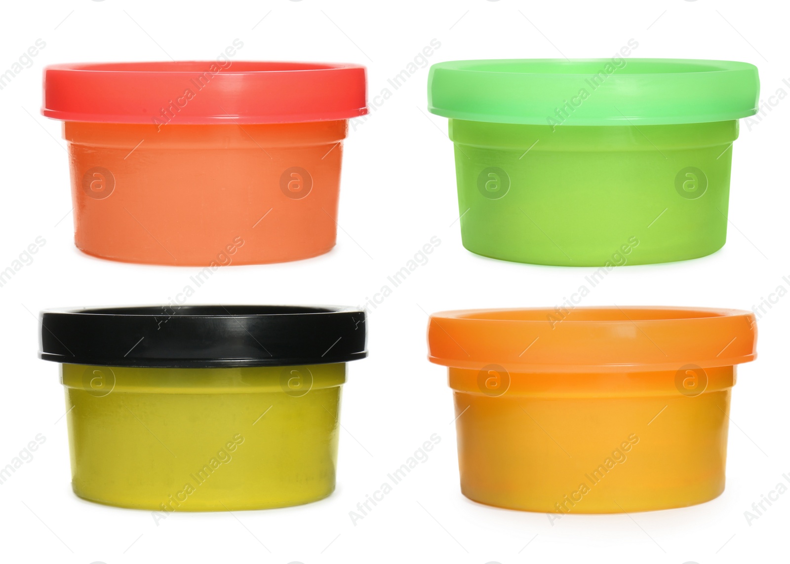 Image of Set with different colorful play dough on white background