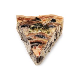 Photo of Piece of delicious quiche with mushrooms isolated on white