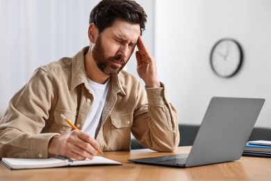 Photo of Tired man suffering from headache at workplace in office