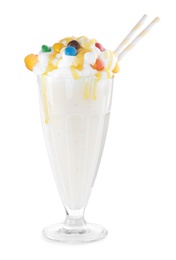 Tasty milk shake in glass on white background