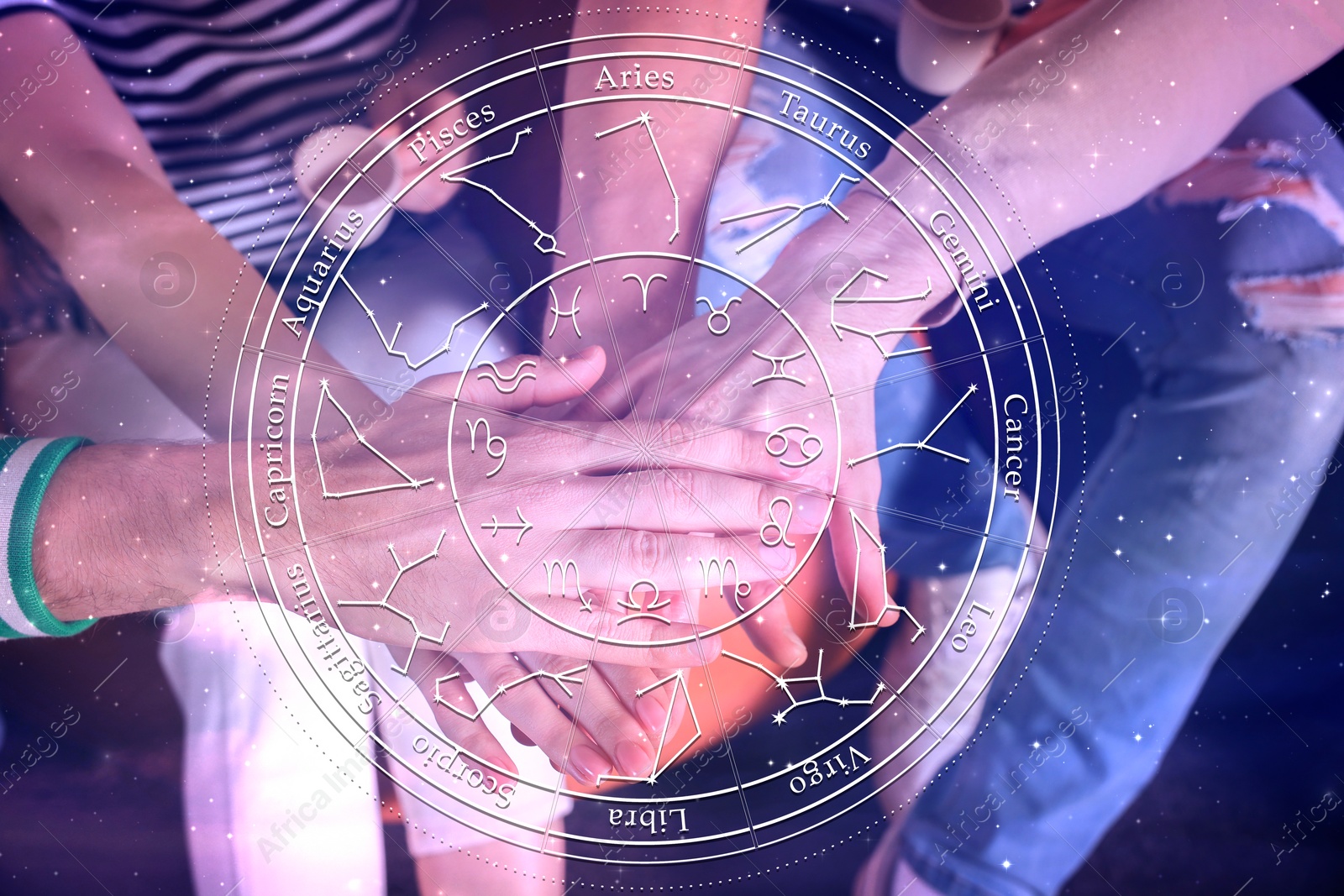 Image of Relationships and horoscope. Zodiac wheel and photo of people joining hands together, closeup