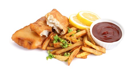 Photo of Tasty fish, chips, sauce and peas isolated on white