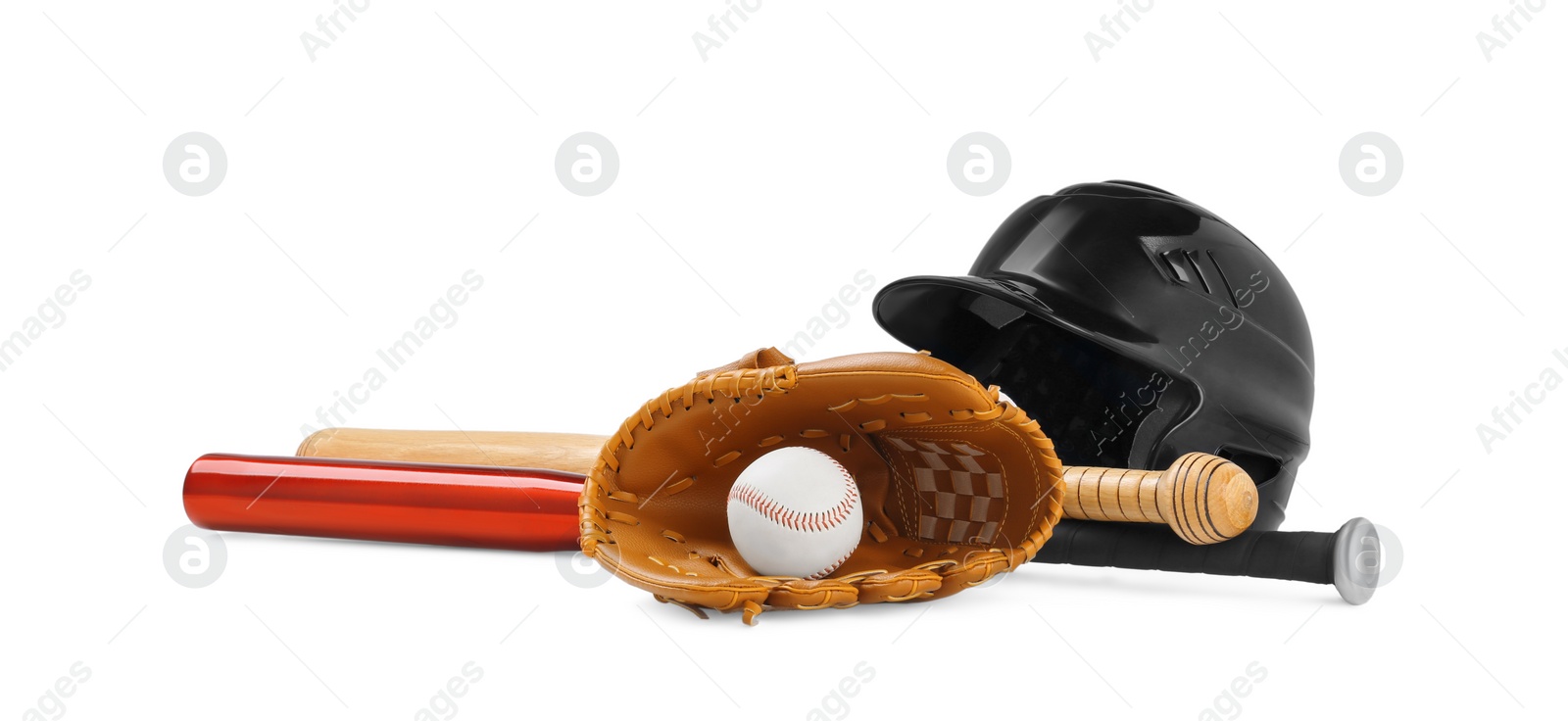 Photo of Baseball glove, bat, ball and batting helmet on wooden table against white background