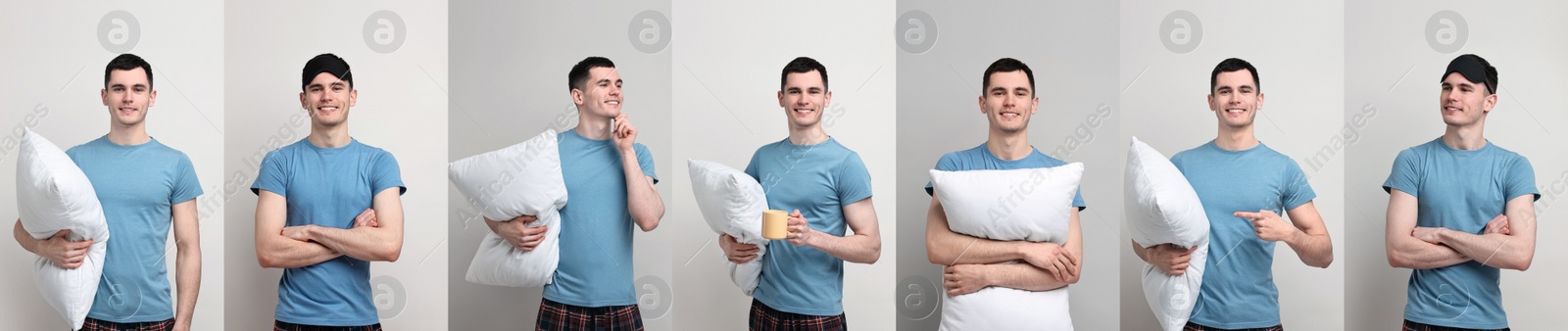 Image of Man in pajamas with pillow on light background, collage of photos