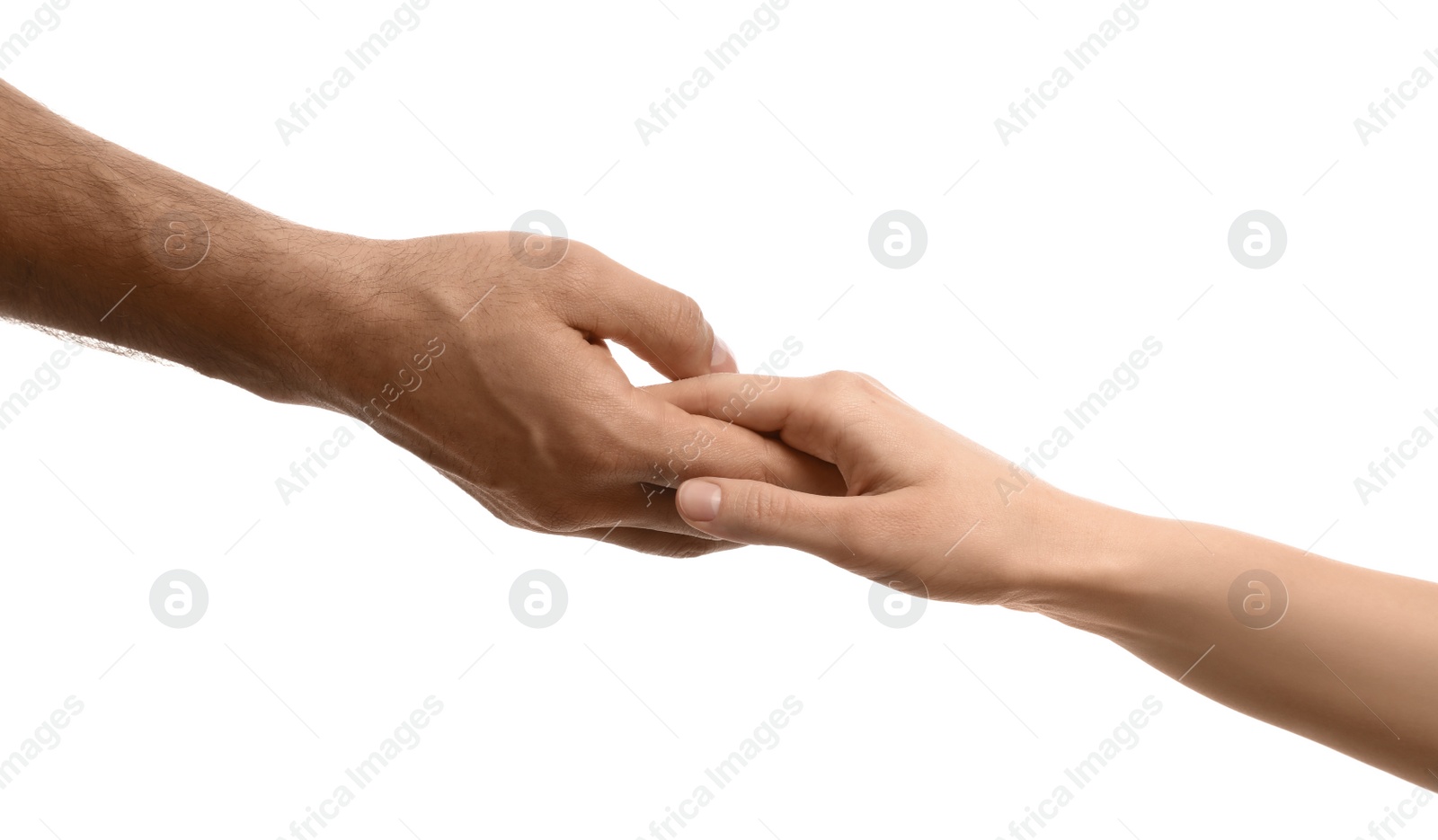 Photo of Man and woman holding hands on white background, closeup