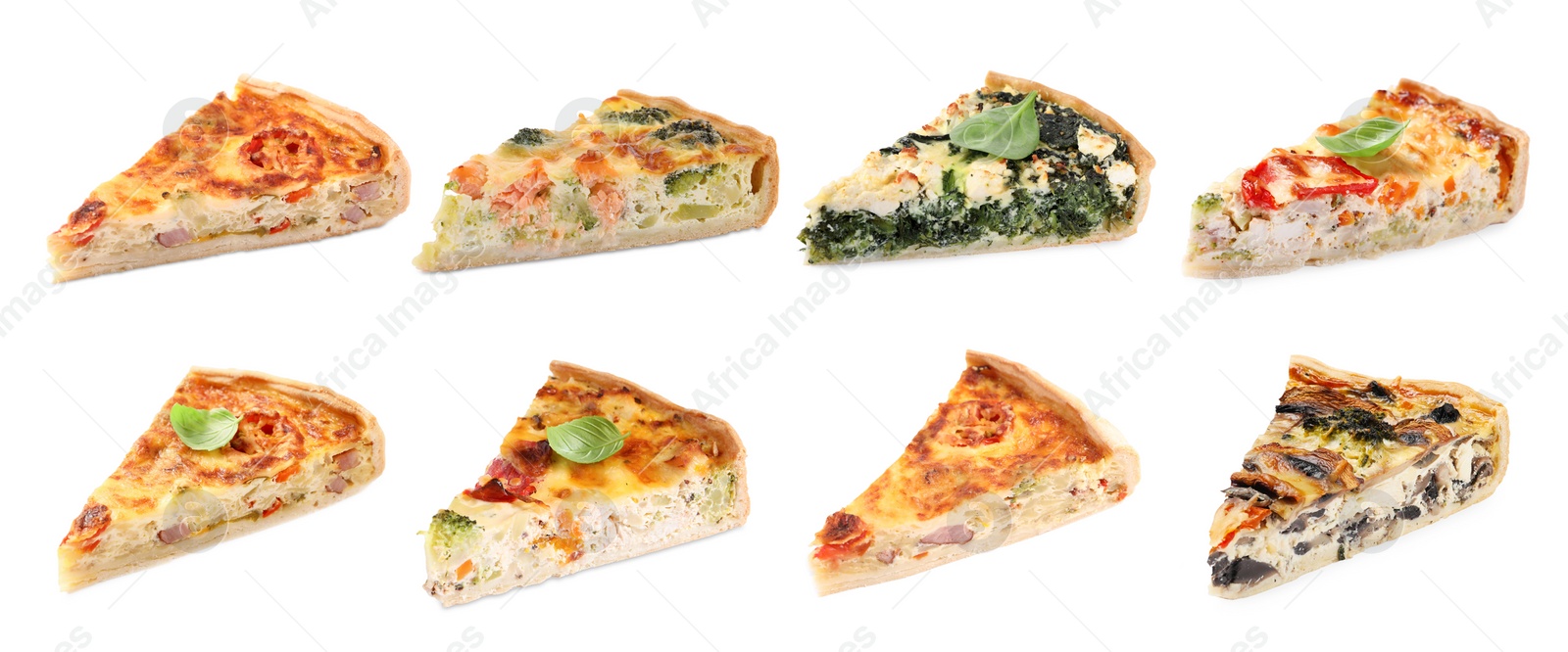 Image of Pieces of different quiches isolated on white, set