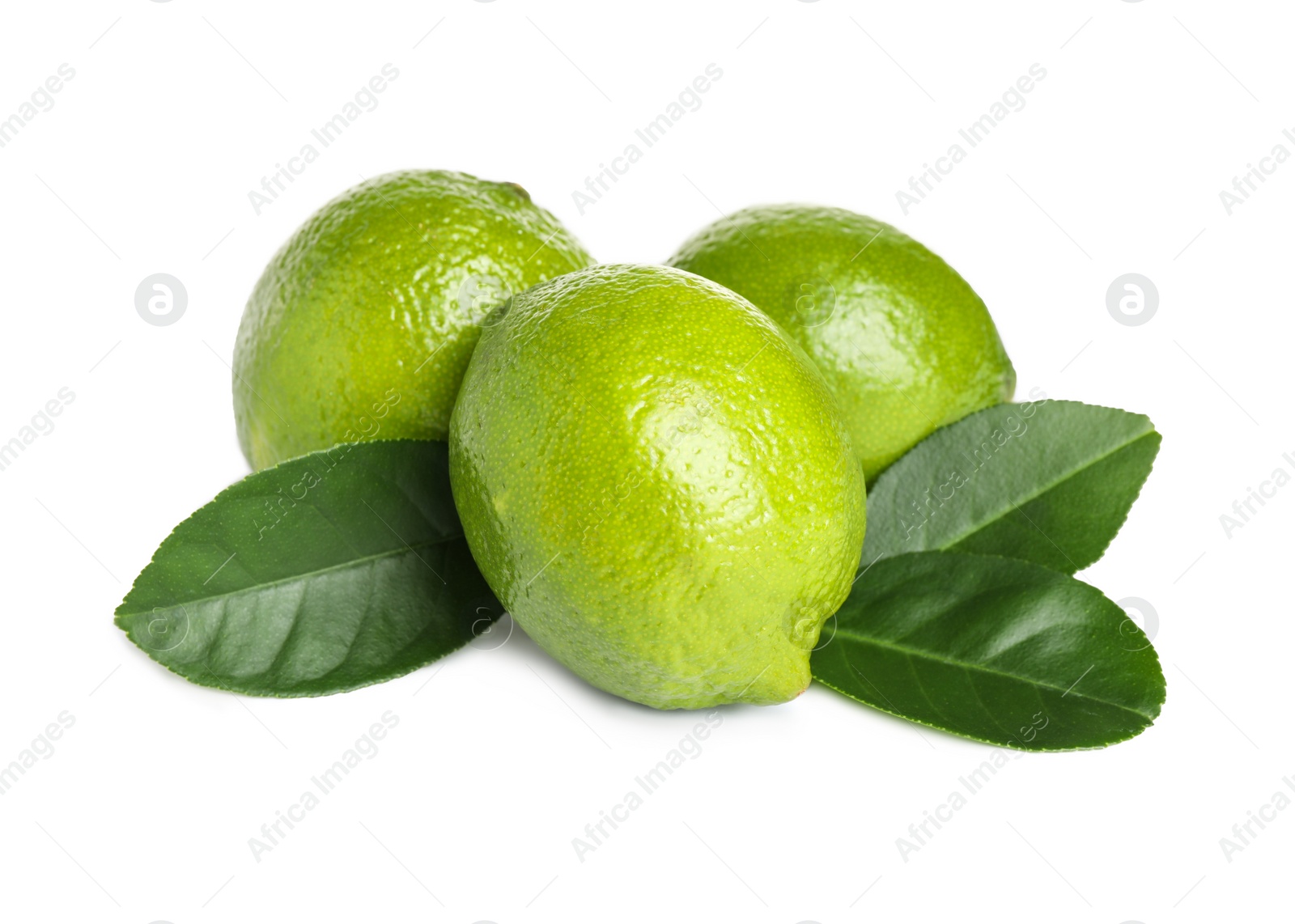 Photo of Fresh ripe limes with green leaves isolated on white