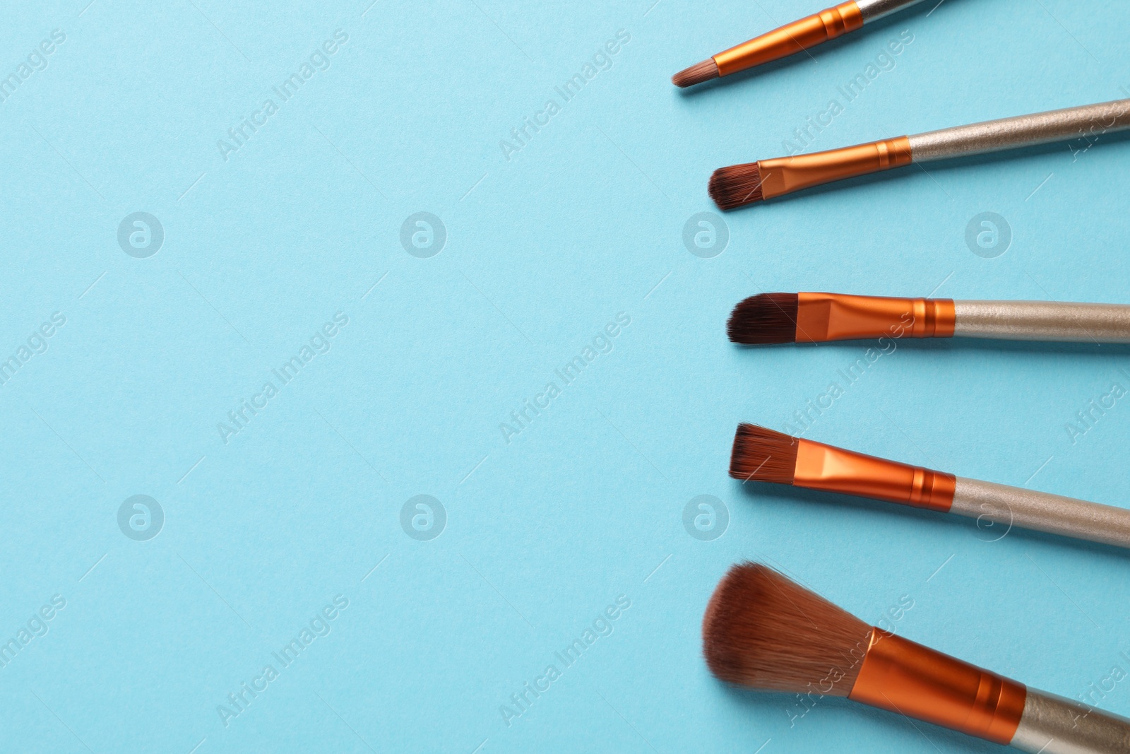 Photo of Set of makeup brushes on light blue background, flat lay. Space for text