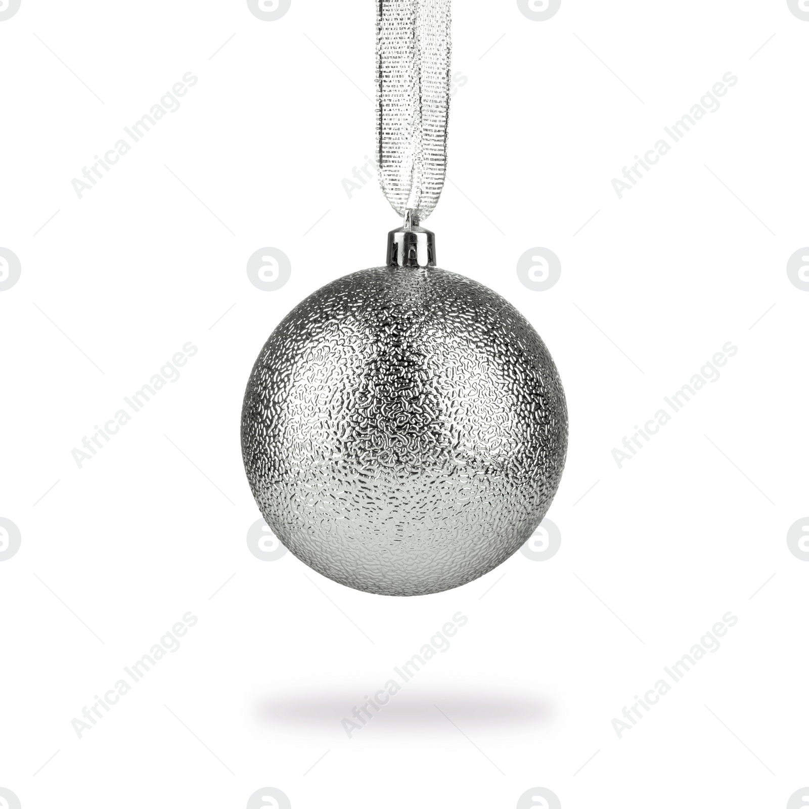 Image of Beautiful silver Christmas ball hanging on white background