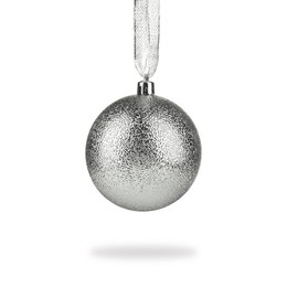 Image of Beautiful silver Christmas ball hanging on white background