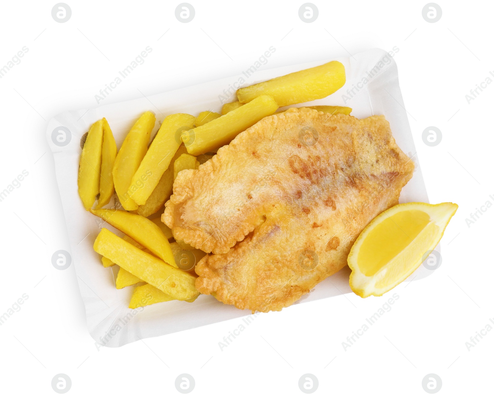 Photo of Delicious fish and chips isolated on white, top view