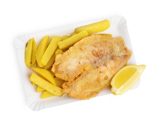 Delicious fish and chips isolated on white, top view