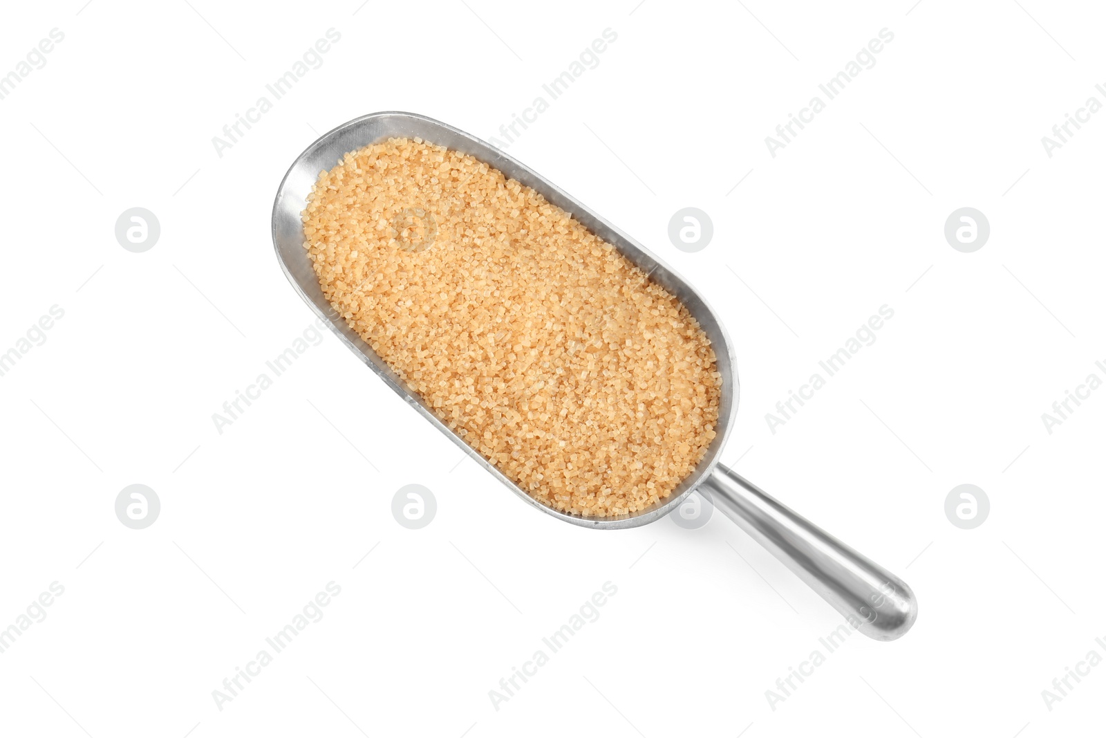 Photo of Metal scoop with brown sugar isolated on white, top view