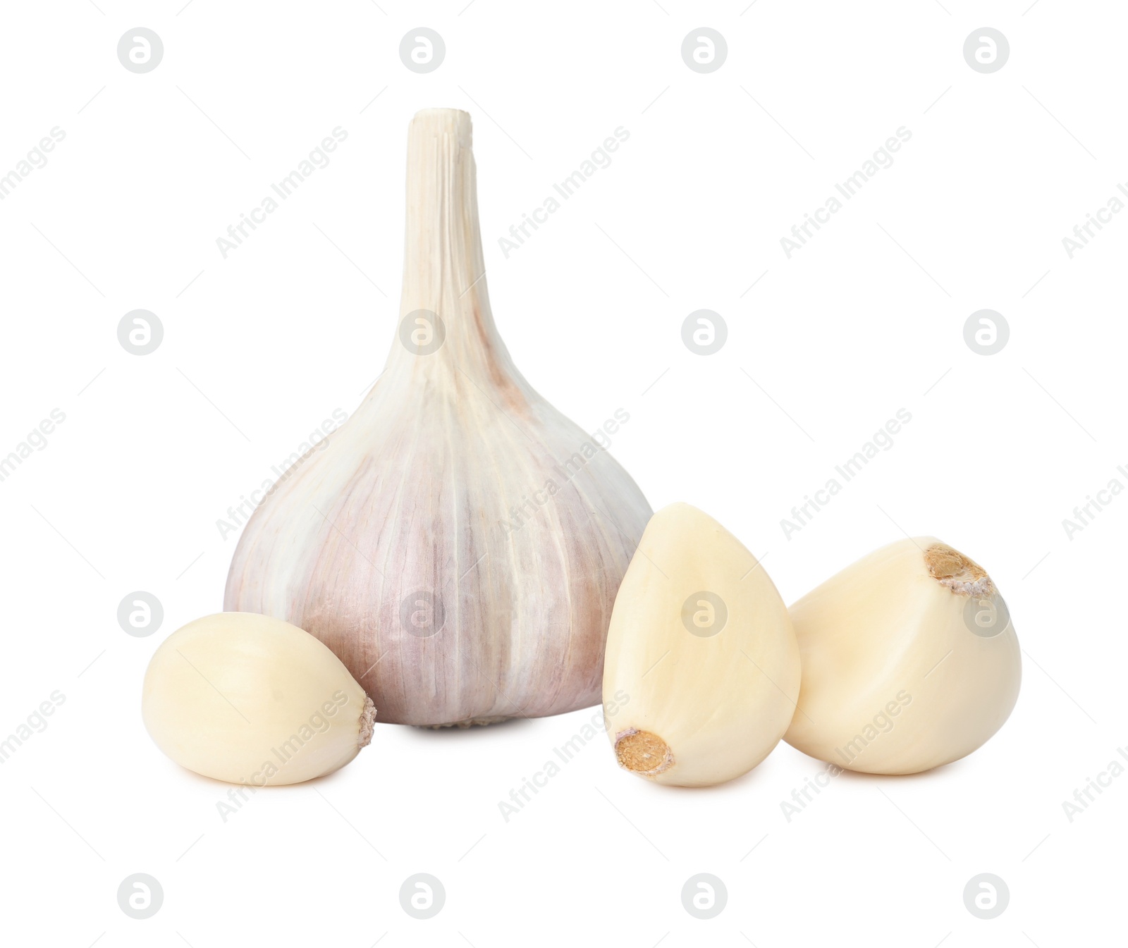 Photo of Fresh organic garlic bulb and cloves on white background