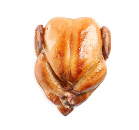 Photo of Delicious cooked whole turkey on white background, top view