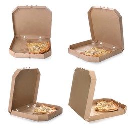 Image of Set with slices of pizza in cardboard boxes on white background. Food delivery