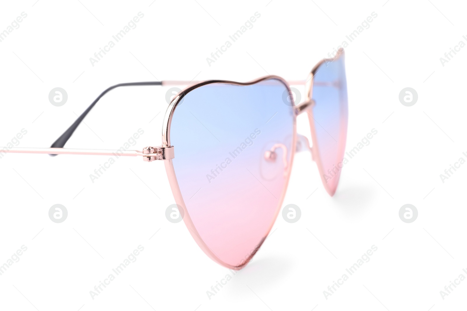 Photo of Stylish heart shaped sunglasses isolated on white. Fashion accessory