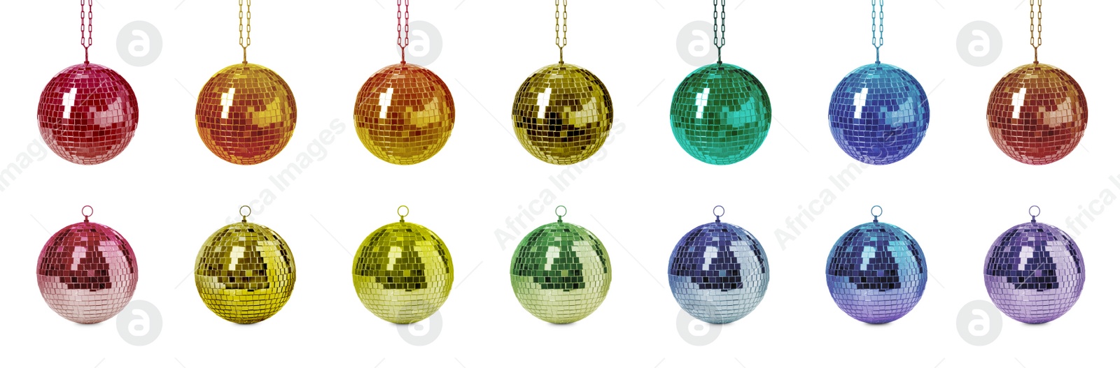 Image of Set with colorful shiny disco balls on white background. Banner design