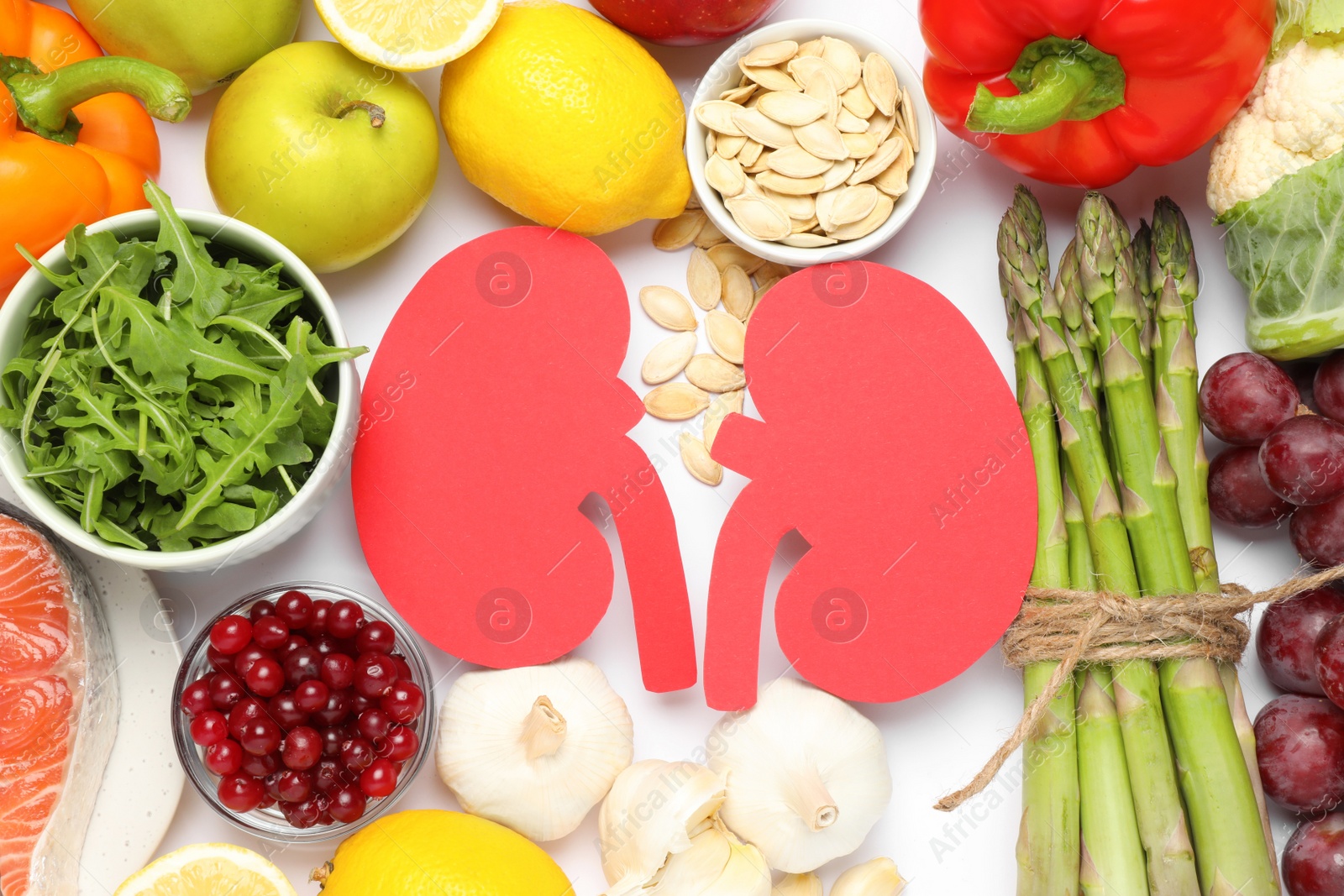 Photo of Paper cutout of kidneys and different healthy products on white background, flat lay