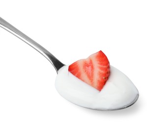 Photo of Delicious natural yogurt with fresh strawberry in spoon isolated on white