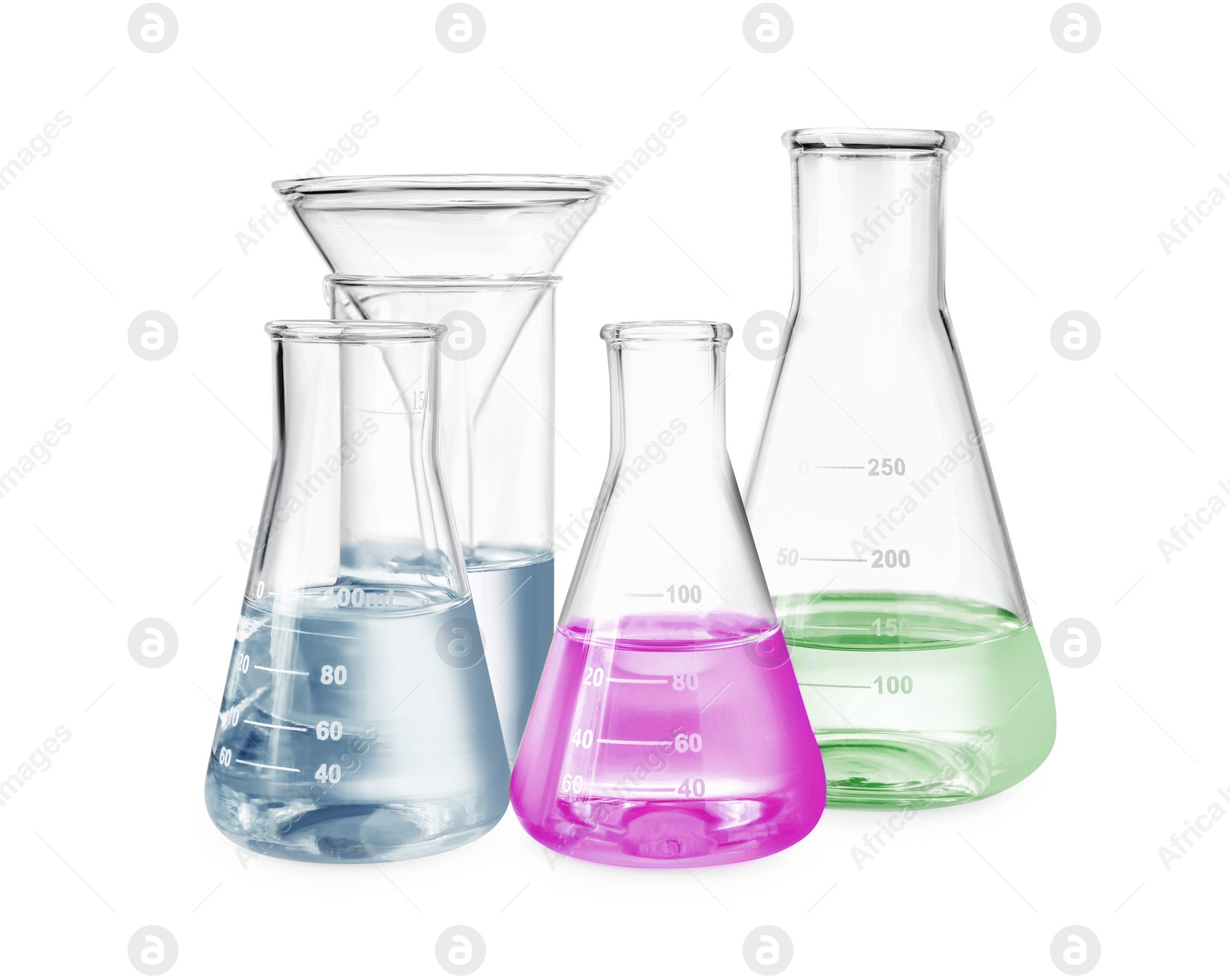 Image of Different laboratory glassware with colorful liquids isolated on white