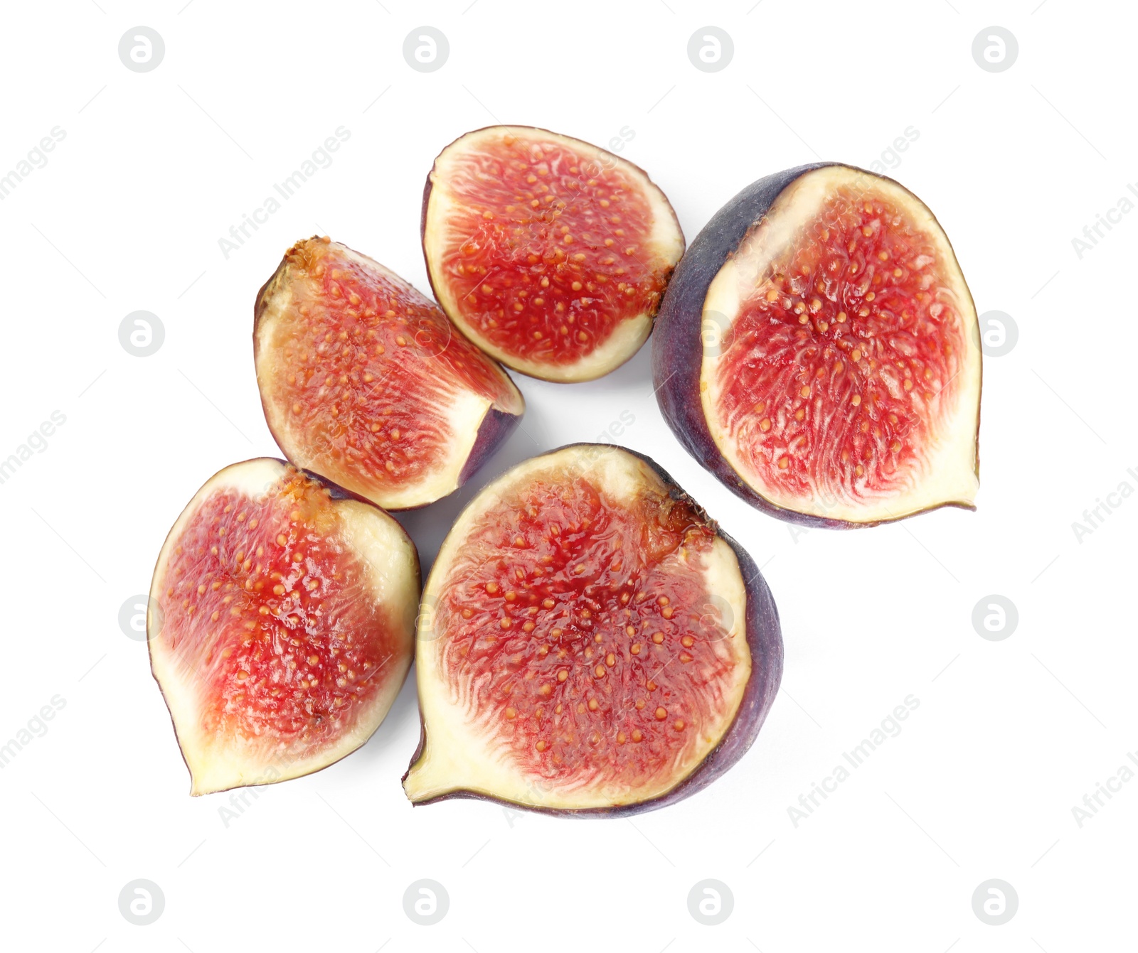 Photo of Tasty fresh cut figs on white background, top view