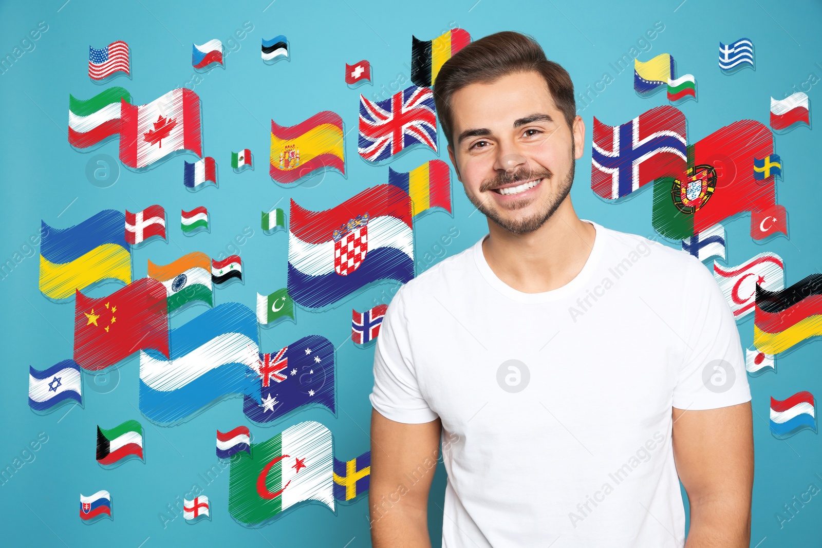 Image of Portrait of interpreter and flags of different countries on light blue background